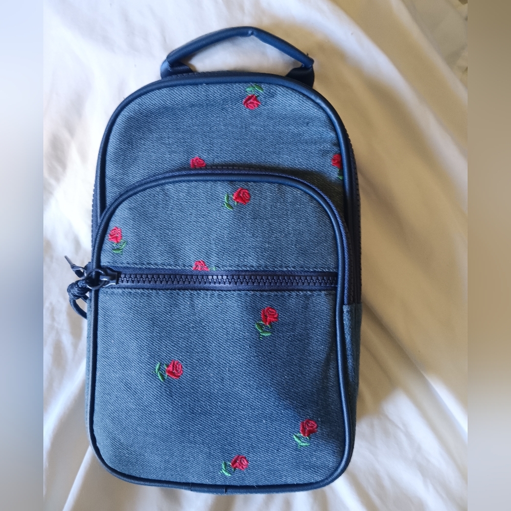 Sling Bag Denim With Roses Adjustable Cross Body Strap Indigo